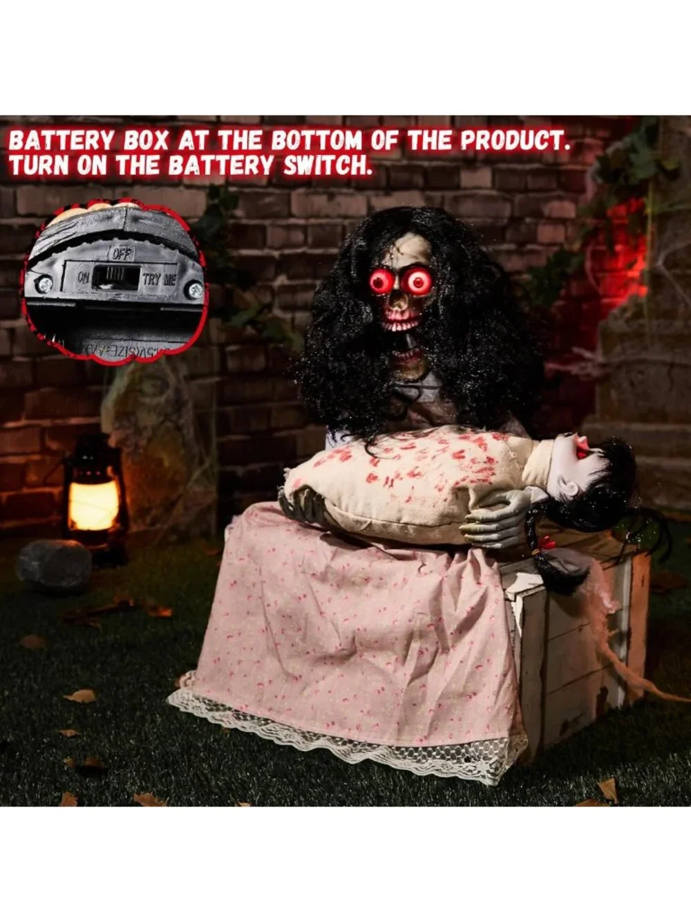 Creepy Sitting Skeleton & Doll Animatronics with Sound, Light Up Eyes